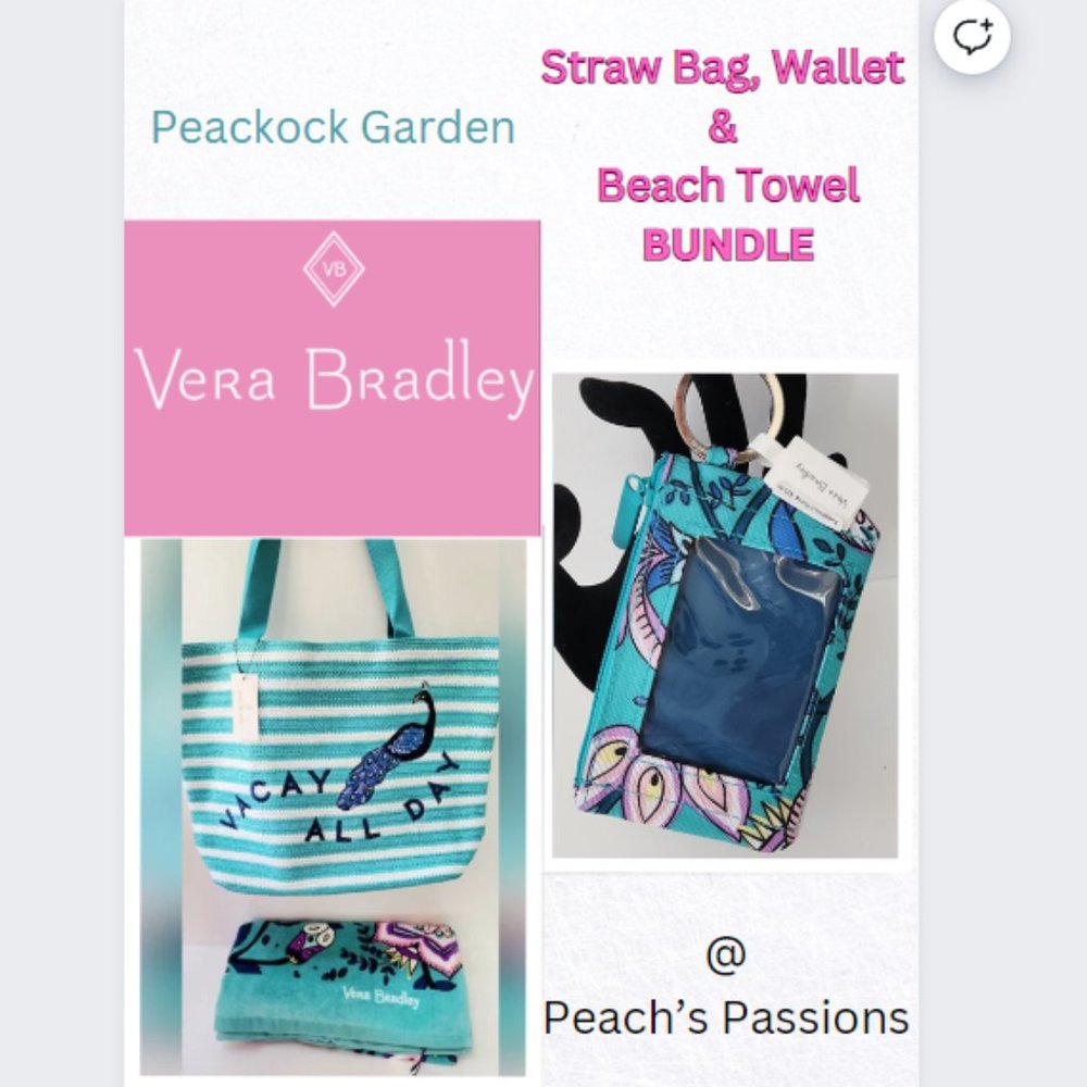 Vera Bradley Beach Towel, Straw Tote & Wallet BUNDLE in Peacock Garden …